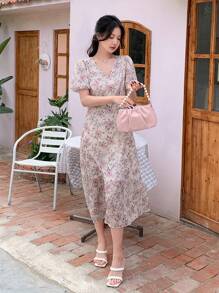 Dazy Designer Vestido Largo De Manga Corta Abullonada Y Estilo Vacacional Para Mujer Con Estampado De Flores Y Escote En V - Púrpura malva - Ver 4