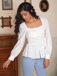 Jolleen Designer Boho Bohemian Women's Business Casual White Drawstring Peplum Hem Top, Holiday, Vacation, Festival, Office - White - View 7