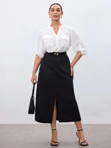 Maija Chân váy xẻ tà cổ điển cỡ lớn - màu đen - Xem 8