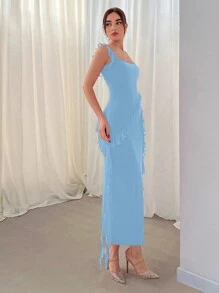 Aloruh Women's Summer Dress With Asymmetrical Hem, Open Cut On The Left Side, Frill Decoration For Romantic Occasions - Blue - View 5