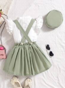 SHEIN Genkimix Kids Young Girl Round Neck Ruffle Sleeve T-Shirt And Button Decor Pleated Suspender Skirt With Hat, Cool Summer Outfits - White - View 4