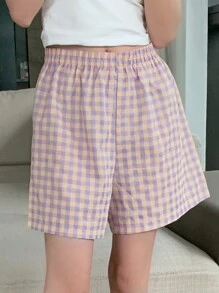 DAZY 女士时尚舒适格纹睡衣短裤夏季睡衣裤 - 紫色 - 查看 5