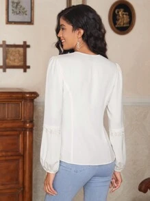 KES Blusa de mujer de estilo de negocios casual con manga farol y corpiño falso, para vacaciones, primavera, festivales y oficina