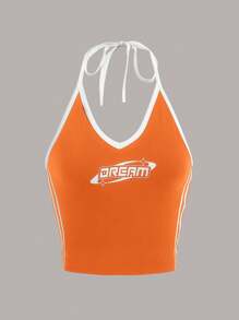 SHEIN ICON 夏季黑白字母圖形對比拼接露背連帽修身上衣 - 橘色 - 查看 1