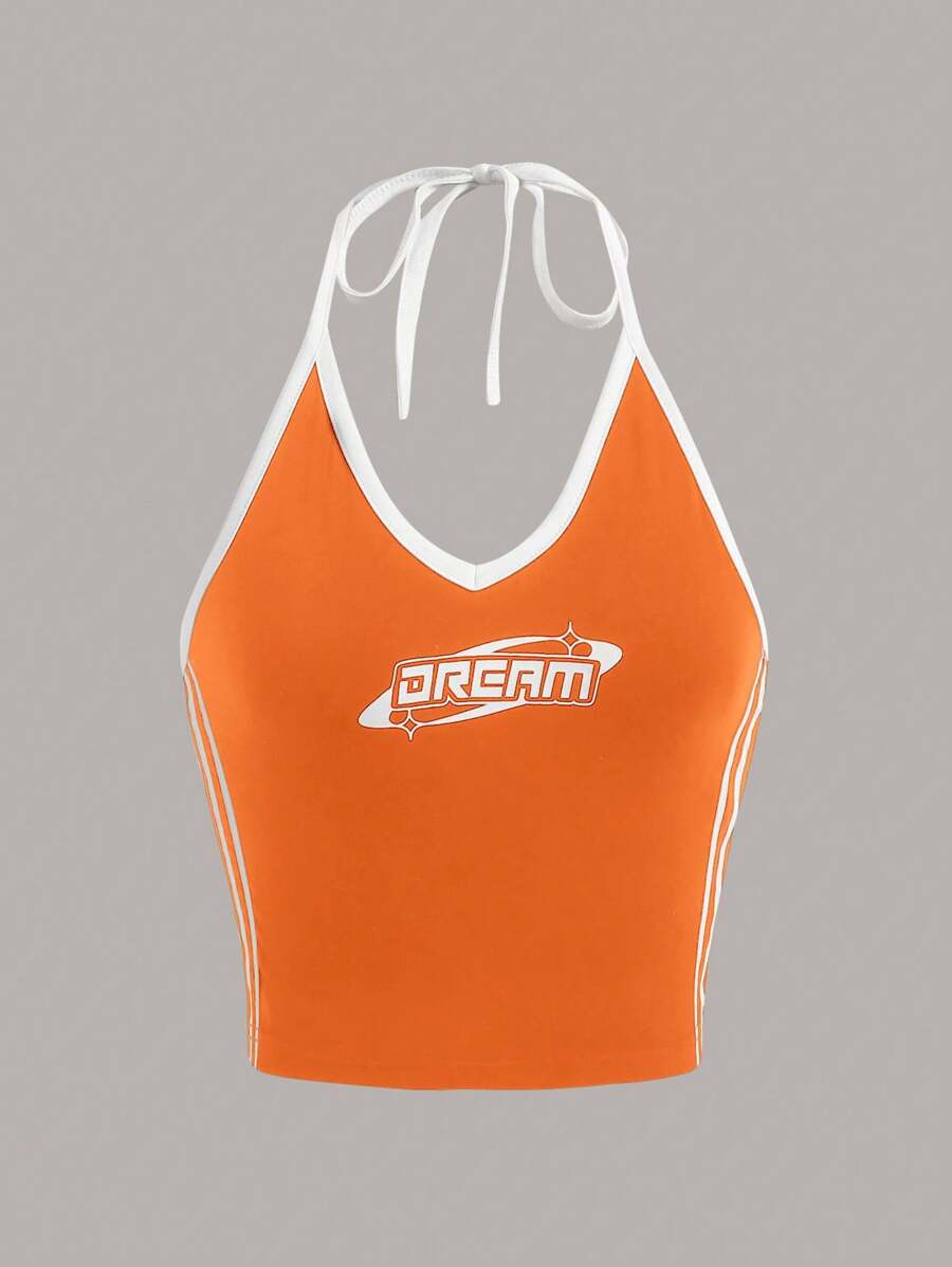 SHEIN ICON 夏季黑白字母圖形對比拼接露背連帽修身上衣 - 橘色 - 查看 1