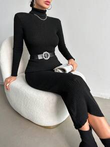 SHEIN Cottnline Slim Ribbed High Neck Knitted Sweater Dress Without Belt - Black - View 5
