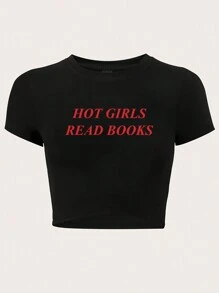 TRNVIE Summer Short Sleeve Letter Print Slim Fit T-Shirt HOT GIRLS READ BOOKS - Black - View 1