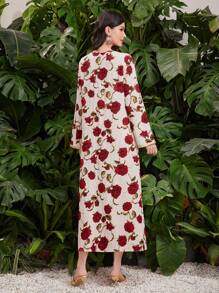 Al Najma Quý cô In Hoa hồng Vá lại Ruy băng Tay áo kèn  Jalabiya Đầm - Màu be - Xem 2