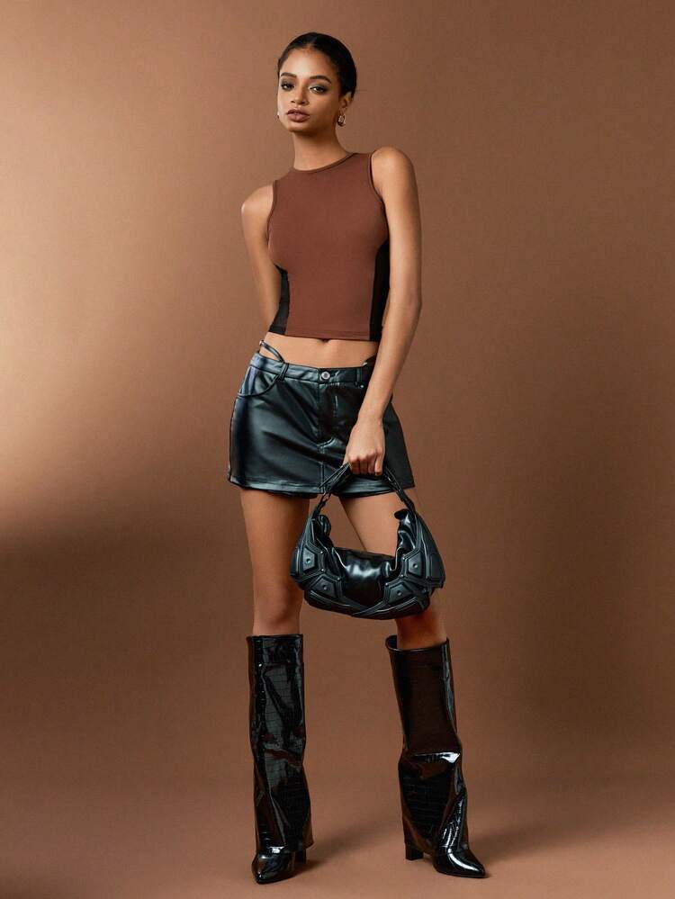 Summer Brown & Black Splicing Mesh See-Through Tank Top