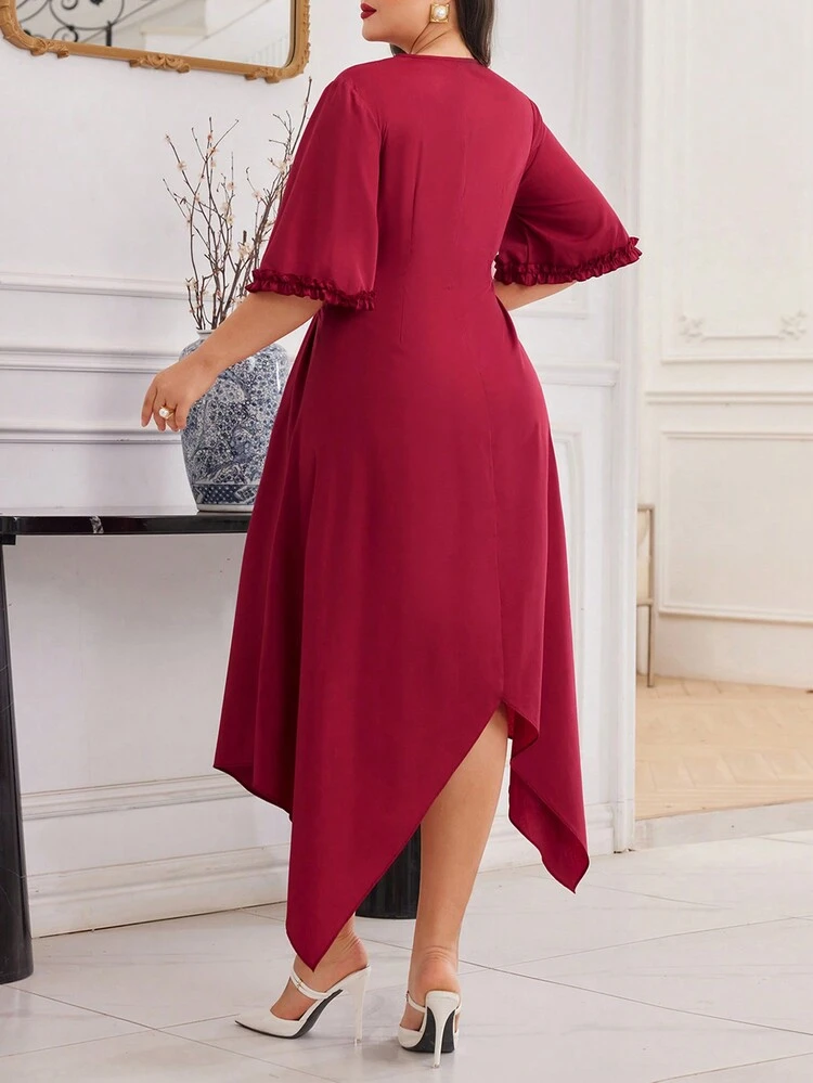 Plus Size Women's Arabic Style Dress With Asymmetrical Hem, Flared Sleeves And Pleated Trim Long Evening Dresses