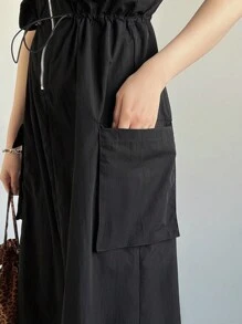 FRIFUL 春夏季抽绳腰拉链半襟翻盖口袋吊带连衣裙太阳裙 - 黑色 - 查看 6