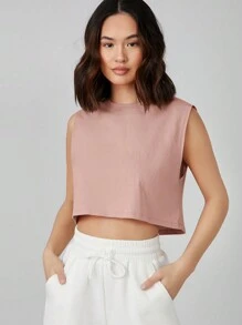 SHEIN BASICS 女式極簡單色無袖針織上衣 - 藕粉色 - 查看 1