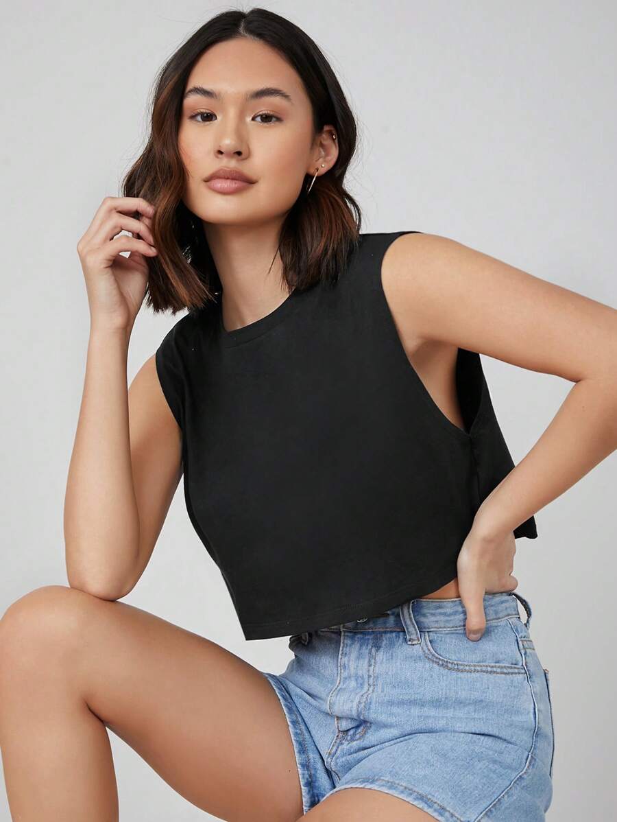 SHEIN BASICS Women's Solid Color Round Neck Casual Crop Tank Top/Summer - Black - View 1