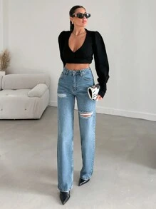 RueChic Jean Droit Déchiré Pour Femme