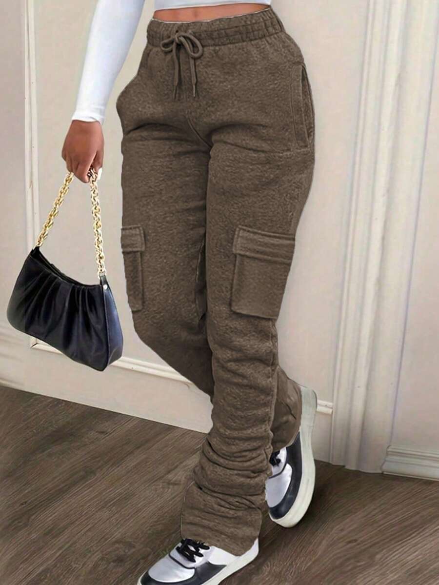 SHEIN LUNE Quần Jogger Túi Tối Giản Màu Trơn Cỡ Lớn, Thích Hợp Cho Mùa Xuân Và Mùa Thu - Màu Khaki - Xem 1