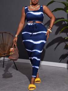 Slaydiva Plus Size Knitted Ribbed Tie Dye Printed Tank Top With Drawstring And Skirt, Perfect For Vacation & Leisure,Holiday Outfits - Navy Blue - View 3