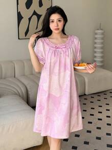 DAZY Camisón de pijama con mangas abullonadas y encaje estampado - Rosa - Ver 5