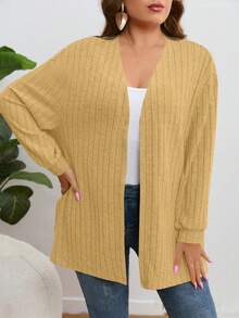 SHEIN Essnce Kích thước lớn Màu thuần Đồ đan Ribbed Áo len Mở - Màu vàng - Xem 6