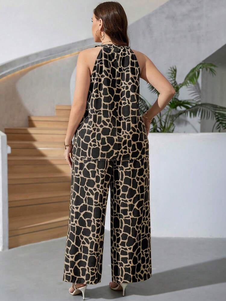 Plus Size Printed Summer Casual Vest And Wide Leg Pants For Going Out