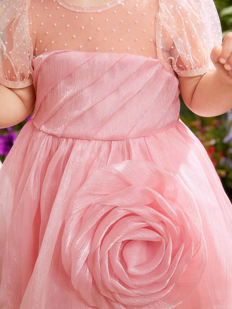 Baby Girl 1pc Polka Dot Sheer Mesh Spliced Organza 3d Flower Dress