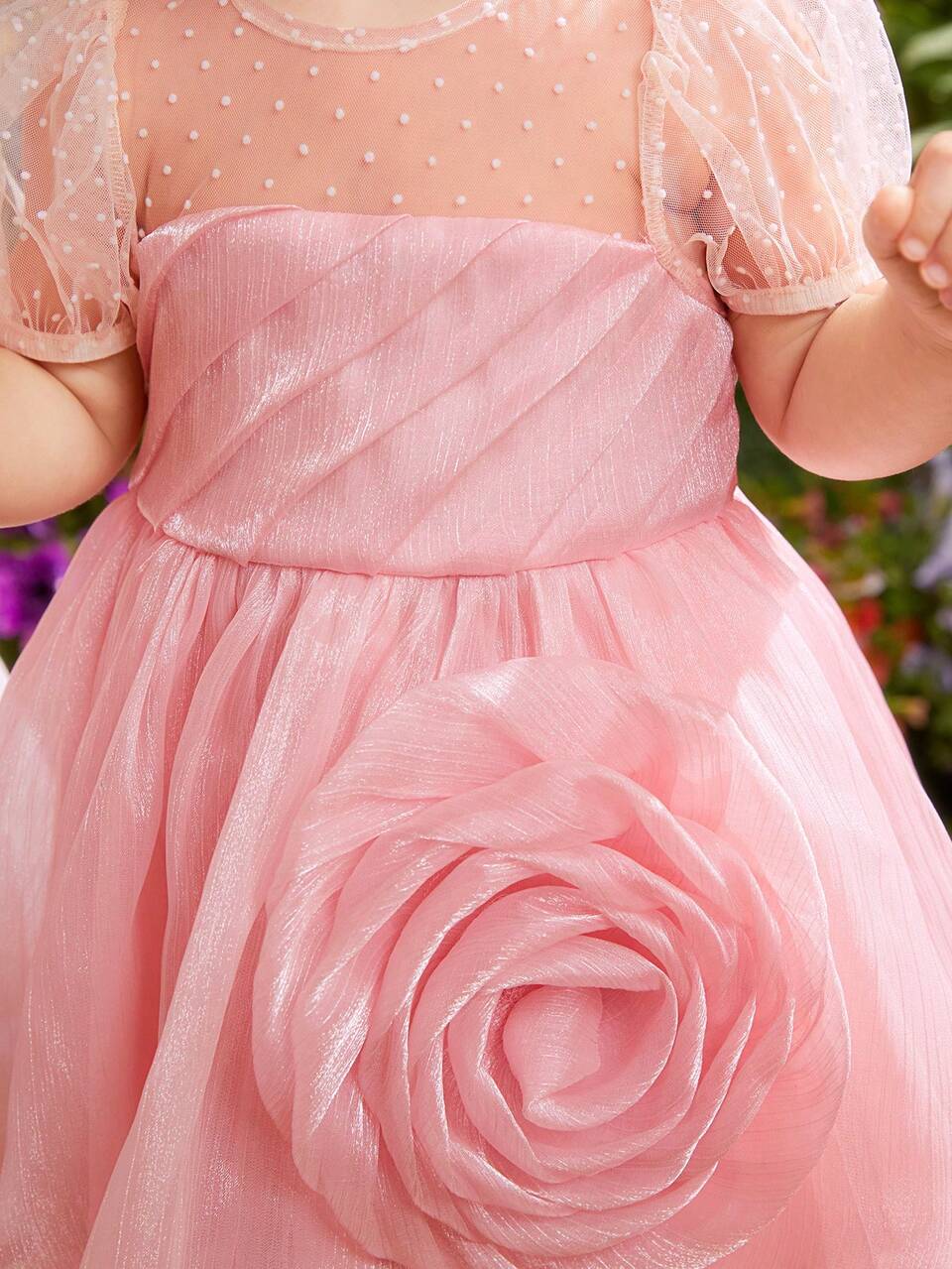 Baby Girl 1pc Polka Dot Sheer Mesh Spliced Organza 3d Flower Dress