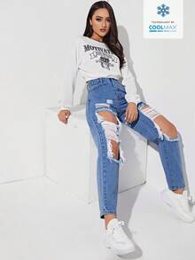 SHEIN EZwear Coolmax Women's Fashionable Distressed Loose Fit Denim Pants - Blue - View 5