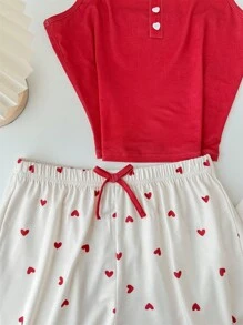 SHEIN Leap Crew Teen Girl 3 cái/bộ Áo ba lỗ dệt kim hình trái tim + Quần + Quần short Homewear cho mùa hè - Đỏ và trắng - Xem 4