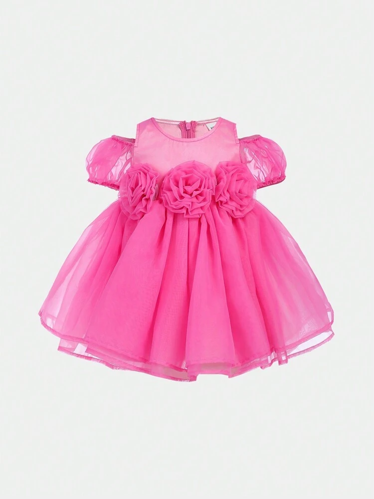 Baby Girl Elegant Pink Satin & Organza Floral Applique Off-Shoulder Party Dress With Ruffled Neckline