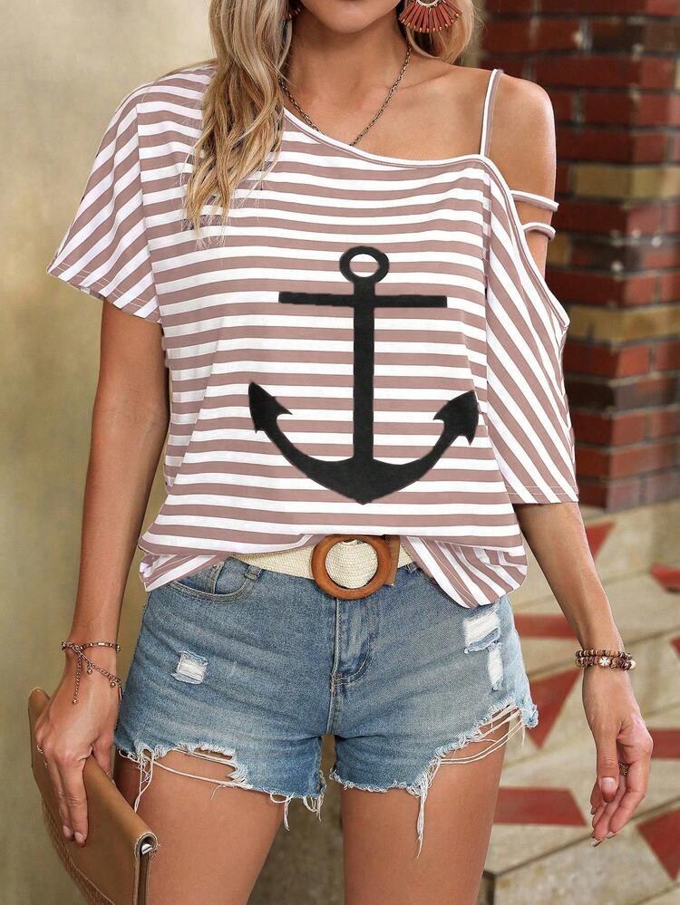 Striped And Anchor Printed Asymmetrical Shoulder Batwing Sleeve T-Shirt