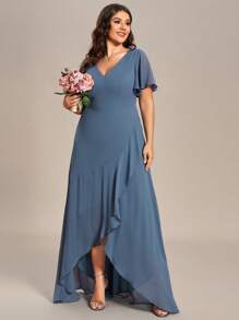 Plus Size V-Neck Asymmetrical Ruffle Hem Chiffon Dusty Blue Bridesmaid Dresses Fall Wedding Guest Dresses - Dusty Blue - View 4