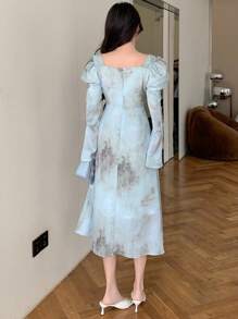 DAZY Women's Ink Wash Tie Waist Puff Sleeve Dress,Ruffle,Fall Dress Long Sleeve Dress - Blue - View 5