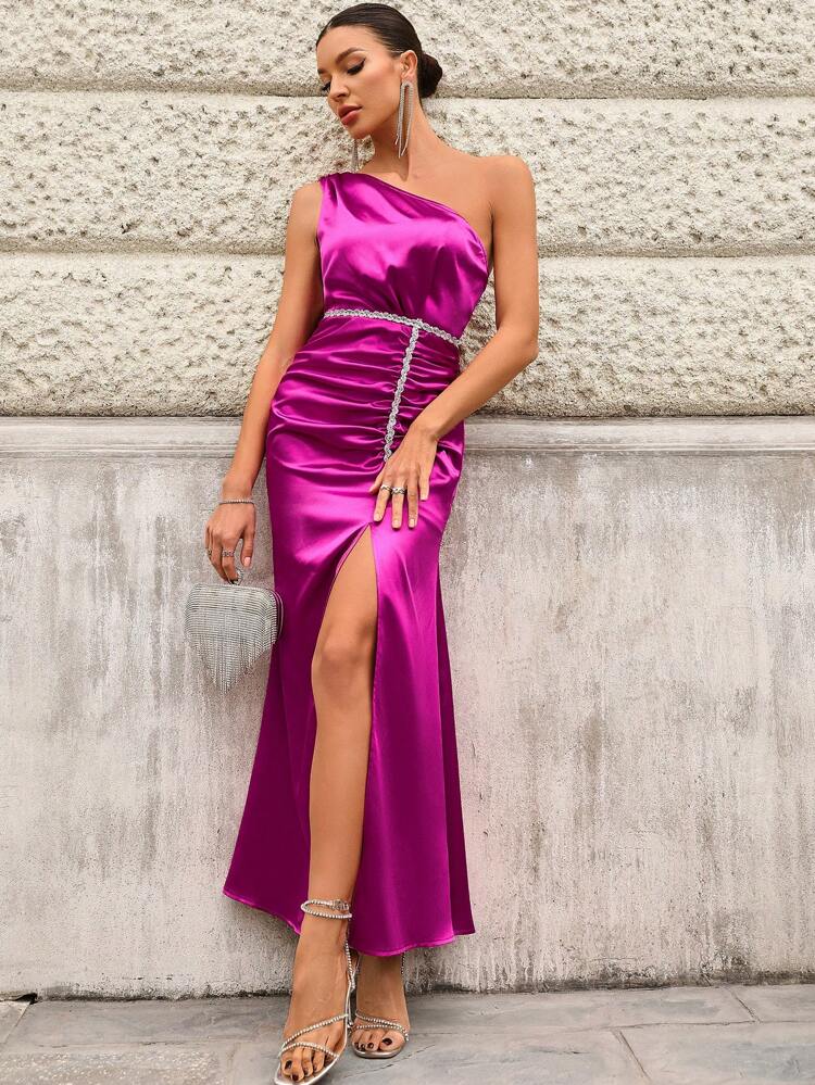 Elegant Asymmetrical Shouldered Wedding Bridesmaid Dress With Woven Belt, Ruched Detail And Slit Design Formal Ball Gown For Women