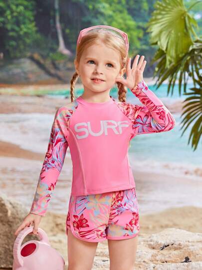 SHEIN Young Girl Plant Printed Swimwear Set Summer Swimming,Beach Long Sleeve Tankini Top And Shorts