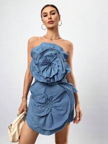 SHEIN Privé Vestido De Mujer De Mezclilla Con Flores 3d - Azul - Ver 5