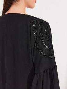 Al Najma Arabian Abaya With Cape Sleeves & Rhinestone Decoration, Muslim Fashion Abaya For Casual/Festival/Gathering/Travel - Black - View 6