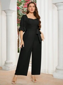 SHEIN Privé Plus Size Women's Stylish Halter Neck With Ruffle Sleeves And Half Pants Jumpsuit For Summer - Black - View 4