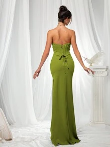 VIPGIRL Green Strapless Slit Elegant Women's Evening Dress Bridesmaid Dress - 芥末黃 - 查看 2