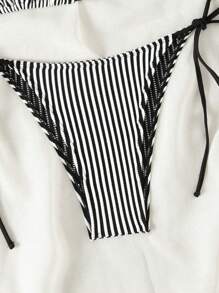 SHEIN Swim Bộ Bikini Halterneck sọc riêng biệt có dây buộc dành cho nữ đi biển mùa hè - Đen và trắng - Xem 4