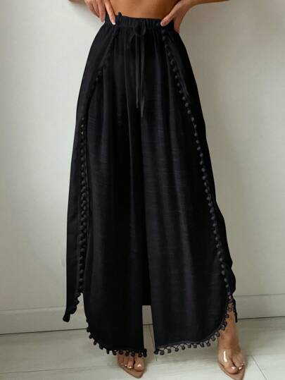 Swim Lushoire Summer Beach Women's High Split Beach Pants With Pom Pom Decoration