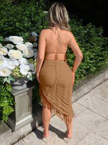 SHEIN SXY Resort Wear Beach Outfits Clothes Summer Clothes Women's Textured Fabric Fringe Tassels High Side Slit Skirt And Crop Top Two Pieces Set For Vacation