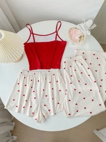SHEIN Leap Crew Teen Girl 3 cái/bộ Áo ba lỗ dệt kim hình trái tim + Quần + Quần short Homewear cho mùa hè - Đỏ và trắng - Xem 2