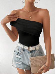 SHEIN Clasi Camiseta sólida de cuello asimétrico y pliegues ajustados para el verano - Negro - Ver 4