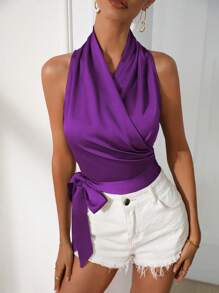 SHEIN Unity Blusa de mujer sin mangas con lazo de unicolor de verano - Morado - Ver 6