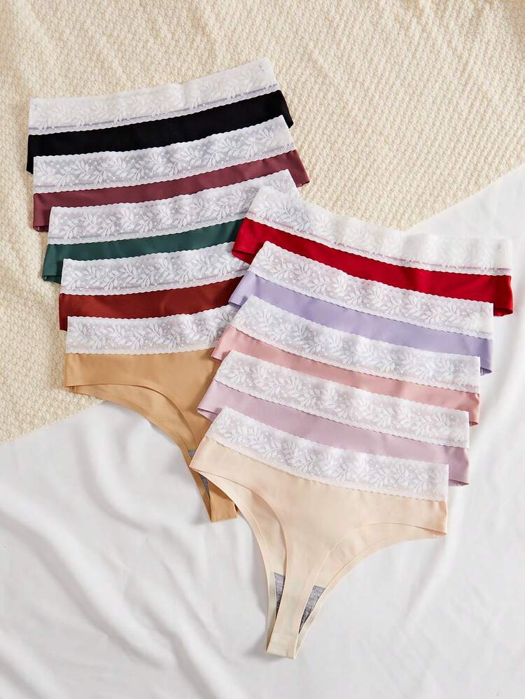10pcs/Set Women's Seamless Lace Trim Thong Panties