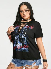 ROMWE Grunge Punk Kích thước lớn Xoăn Lỏng lẻo sâu Cổ chữ V Ngắn tay Áo thun Với Rock Lễ hội Mẫu In - màu đen - Xem 3
