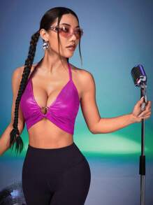 Easithlete Women's Metallic Texture Halter-Neck Sports Bra - Hot Pink - View 6