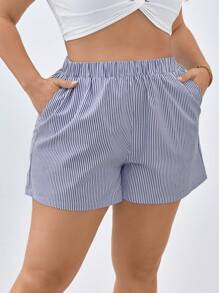 SHEIN Essnce Plus Size Blue & White Striped Casual Holiday Comfortable Loose Shorts