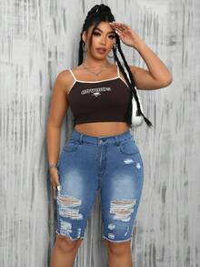 SHEIN EZwear 加肥直筒磨損休閒牛仔短褲,帶洗水效果 - 藍色 - 查看 4