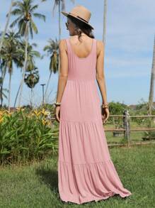 SHEIN LUNE Robe D'été De Vacances Sans Manches En Couleur Unie Pour Femmes Avec Ourlet À Volants