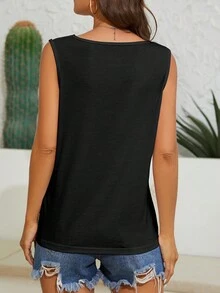 SHEIN EZwear 女式夏季心形印花圓領休閒背心上衣 - 黑色 - 查看 2